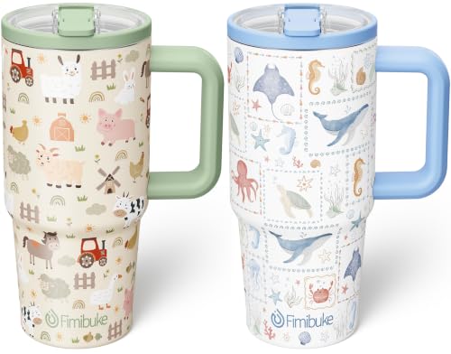 Fimibuke 20oz Kids Insulated Tumbler with Handle, Toddler Water Bottle | Leakproof 18/8 Stainless Steel Cups w/ Flip Straw Lid & Silicone Straw, BPA Free Water Bottle Kids School Gift for Boys Girls - color: Farm & Marine Animals