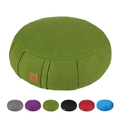 Round Zafu Meditation Cushion D=16" H=5.5" Zabuton Meditation Pillow Yoga Bolster Yoga Pillow Floor seat Zippered Organic Cotton Cover Natural Buckwheat kneeling pillow-Large - color: Green