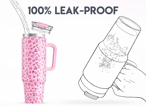 Meoky 40 oz Tumbler with Handle and Straw, Insulated Tumbler with Lid and Straw, Stainless Steel Travel Mug, Keeps Cold for 34 Hours, 100% Leak Proof, Fits in Car Cup Holder (Love) - color: Love, size: 40 Ounces