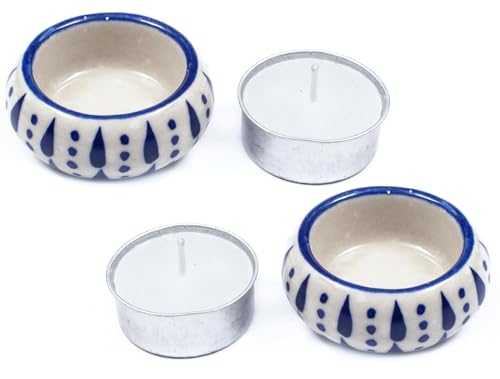 Ceramic Tealight Holder Set of 6 - Hand-Painted Candle Holders with Wax Tealights - Decorative Votive for Home, Party, Wedding, Festive & Gift Décor (White Blue) - ALPHA Living HOME
