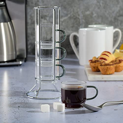 Gibson Soho Lounge Stackable Glass Espresso Cups with Rack, 4-Piece Set, 3.8oz – Durable Glass Coffee Cups - color: Espresso Cups with Rack (4-Piece), size: 3.8 Ounces
