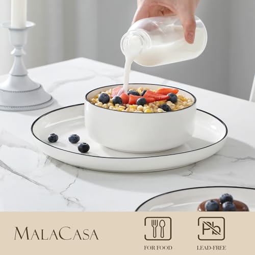 MALACASA Plates and Bowls Sets, 24 Pieces Modern Porcelain Dinnerware Set for 8 White Kitchen Dinner Dining Ware Set wtih Black Rim Ceramic Dishware Dishes Microwave and Dishwasher Safe, Series LUNA | Modern Ceramic Dishware Set,Kitchen Dining Ware,Microw
