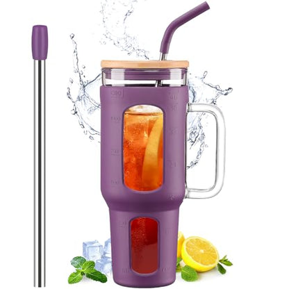 WINSA Glass Tumbler with Lid and Straw, 46 oz, Dark Purple | Iced Coffee Cup with Handle, Large Water Bottle with Silicone Sleeve, Pearl Straw & Drinking Straw, BPA Free - color: Dark Purple, size: 46 Ounces