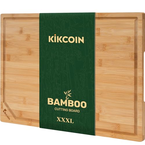 Kikcoin 24”×18” Bamboo Cutting Boards for Kitchen, Wooden Healthy Cutting Boards for Charcuterie, Vegetables, Cheese, Bread, Extra Large Chopping Boards with Deep Juice Groove and Handle, Natural - color: Natural, size: 24"L x 18"W
