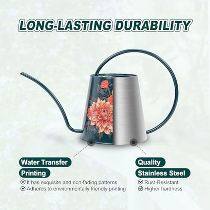 Berry&Bird 2L Long Spout Watering Can, Stainless Steel Water Can (Dahlia) | 2L stainless steel watering can, long narrow spout, elegant print, curved handle, leakproof, houseplant watering & decor - color: Dahlia