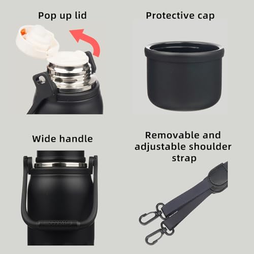 BJPKPK Stainless Steel Insulated Bottle with Handle & Strap, 27oz | Leak-proof vacuum insulation keeps drinks cold/hot for hours. BPA-free, dishwasher safe. Includes handle & strap. Black. - color: Black, size: 27 Ounces