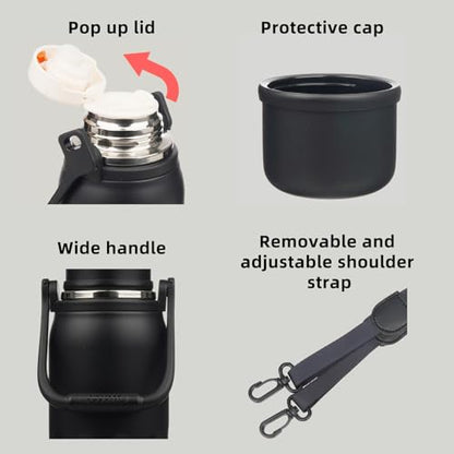 BJPKPK Stainless Steel Insulated Bottle with Handle & Strap, 27oz | Leak-proof vacuum insulation keeps drinks cold/hot for hours. BPA-free, dishwasher safe. Includes handle & strap. Black. - color: Black, size: 27 Ounces