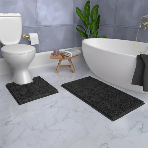 LuxUrux Bathroom Rugs Sets 2 Piece: Quick Dry, Soft Plush Anti-Slip, Super Absorbent. Includes Rectangular (31x20 inches) & U-Shaped Toilet Mat (20x20 inches) | Black - color: Black, size: 2 Piece Set