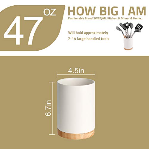 Sweejar Kitchen Utensil Holder with Wooden Bottom, 6.7" Ceramic Utensil Crock to Hold Spatulas for Cooking Countertop, Housewarming, Wedding, Birthday Gift (White) - color: White