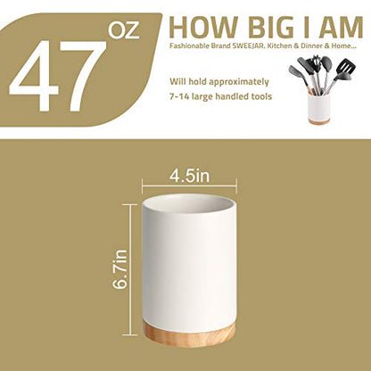 Sweejar Kitchen Utensil Holder with Wooden Bottom, 6.7" Ceramic Utensil Crock to Hold Spatulas for Cooking Countertop, Housewarming, Wedding, Birthday Gift (White) - color: White