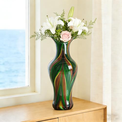 Hand Blown Glass Vase for Flowers, Murano Style Swirl Art Decorative Glass Vases for Home Decor, Wedding Table Centerpiece for Bookshelf & Dining Table