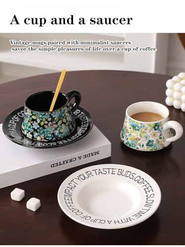 10 oz Elegant Ceramic Coffee Cup and Saucer Set with Gift Box Packaging, Floral China Tea Cup and Saucer Set,Retro Afternoon Tea Cup Set with White Coffee Mug,Valentine's Day Gift for her (White)