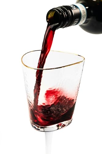 Bec's Designs Wine Glasses Set of 4, 10oz Handblown, Hammered, Gold Rim | Unique triangular wine glass design creates elegant stemware for serving red wine, white wine & champagne.