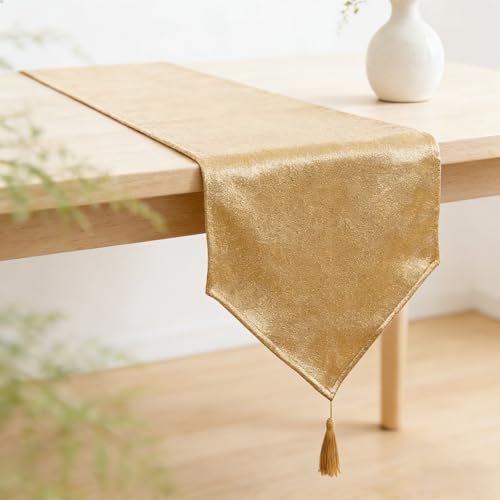 Faux Linen Sparkly Spring Gold Table Runner with Tassels 14x95 Inch Dresser Scarf Graduation Table Runner for Home Bedroom Party Birthday Wedding Bridal Baby Shower - color: Brilliant Faux Linen With Tassels- Gold, size: 95"x14"-1Pc