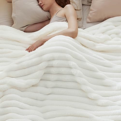Bedsure Blankets Queen Size for Bed - 350GSM Super GentleSoft Fuzzy Fluffy Cozy Blankets for Women, Cute Large Plush Fleece Throws for Girls, White，90x90 Inches, Wider Striped Design - color: 01 - White, size: Queen (90" X 90")