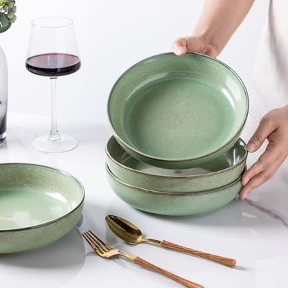 GBhome 8.75'' Large Ceramic Pasta Bowls, 38oz Stoneware Pasta Serving Bowls Set of 4 for Kitchen, Wide Bowls for Fruit,Pasta,Salad,Oatmeal,Meal, Microwave Safe, Reactive Glaze-Pastel Green - color: Pastel Green