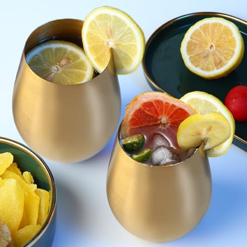 18 Ounces Gold Wine Glasses Set of 2, 18/8 Stainless Steel Stemless Drinking Cups for Cocktails, Durable 304 Stainless Steel Tumbler Wine Glasses Gift Essentials and Dishwasher safe