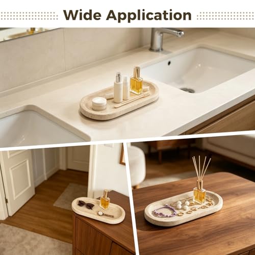 Marble Tray in Oval Travertine, 9.8 x 4.7 in Decorative Stone Organizer for Perfume Candles and Jewelry, Polished Storage with Non-Slip Base, for Bathroom Vanity Dresser and Kitchen Counter
