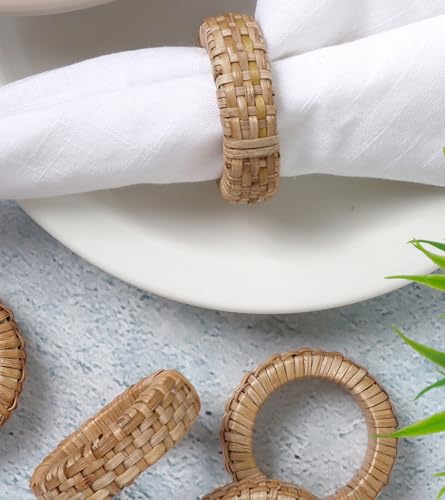 Alpha Living Home Rattan Napkin Rings, Set of 12, Natural Woven | Plastic cane & rayon, 2.5x2.5x0.5 in each, boho farmhouse style, reusable, weddings, parties, bulk pack - color: Tan Natural, size: 12- Pack