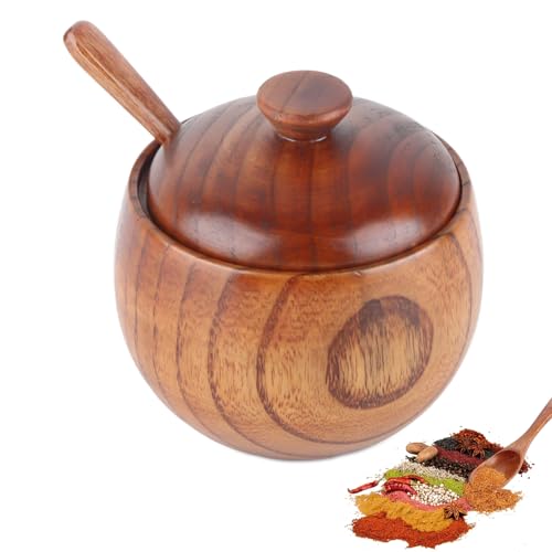 Wooden Salt Box with Lid & Spoon, Seasoning Pot Sugar Bowl Wood Salt & Spice Jar Box Salt Keeper, Pepper, Tea Container for Kitchen Countertop Restaurant