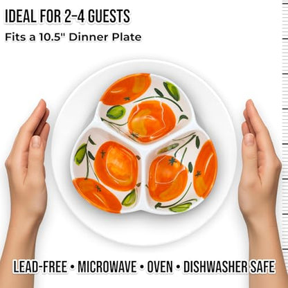 3-Compartment Ceramic Serving Dish, Handmade in Spain | 7.5” divided chip and dip bowl with lead-free glaze, microwave, oven and dishwasher safe, ideal for tapas, snacks and sauces - color: Orange Glow