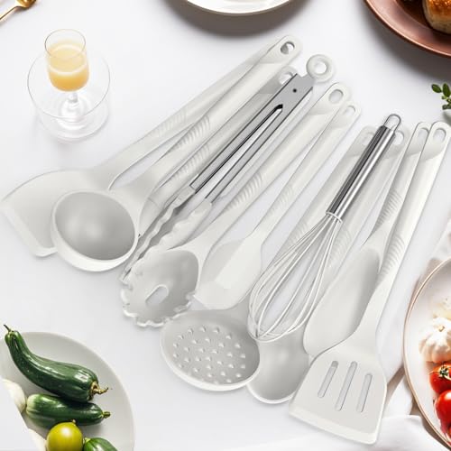 Silicone Cooking Utensils Set - 600°F Heat Resistant, Nonstick Kitchen Utensil Set with Spatulas, Spoons, Whisk, Tongs, BPA Free, Dishwasher Safe, Cream White - color: Cream White