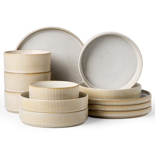 Famiware Star Stoneware Dinnerware Set, 12pc Dishes for 4, Cappuccino White | Dinner Plates, Pasta Bowls, Cereal Bowls, Dishes, Everyday & Party Use, Chip & Scratch Resistant, Microwave & Dishwasher Safe - color: Cappuccino White, size: Service for 4 - Di