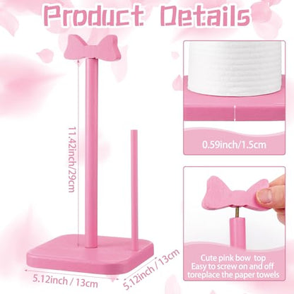 Leinuosen Pink Bow Paper Towel Holder Coquettish Cute Bow Wooden Paper Towel Holder Pink Bathroom Countertop Accessories Kitchen Roll Stand Organizer Standing Apartment Decor Housewarming Gift - style: Bow