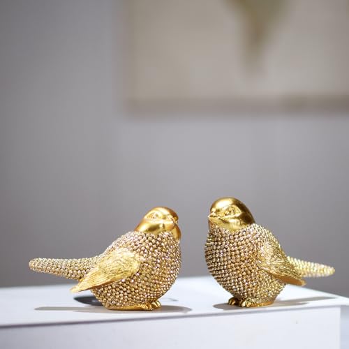Set of 2 Pcs Small Gold Birds Statues Home Decor Modern Style Decorative Ornaments for Living Room Decor, Bedroom, Office Desktop, Cabinets Collectible Bird Figurine