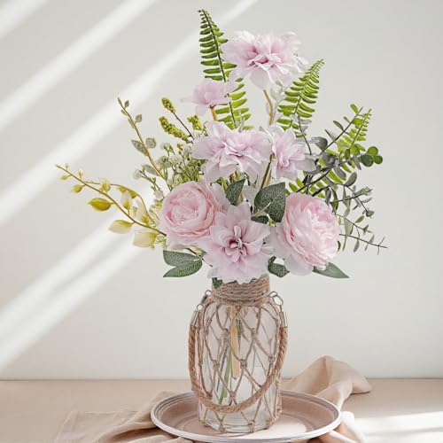 Fake Flowers with Vase – Artificial Light Pink Dahlia Flowers Arrangement | Floral Centerpiece for Coffee Table, Dining Room, Living Room & Farmhouse Home Decor Spring Decoration - color: White-pink