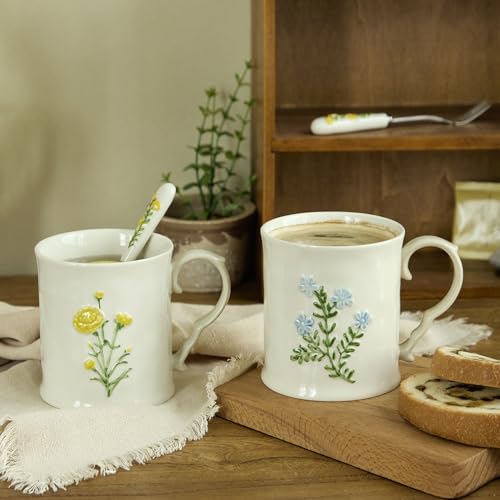 2 Pack Floral Ceramic Coffee Mugs - Yellow and Blue Flowers, Hand-Painted, Microwave & Dishwasher Safe, Ideal for Cappuccino, Tea, Hot Chocolate - color: Two-piece set