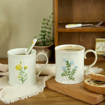 2 Pack Floral Ceramic Coffee Mugs - Yellow and Blue Flowers, Hand-Painted, Microwave & Dishwasher Safe, Ideal for Cappuccino, Tea, Hot Chocolate - color: Two-piece set