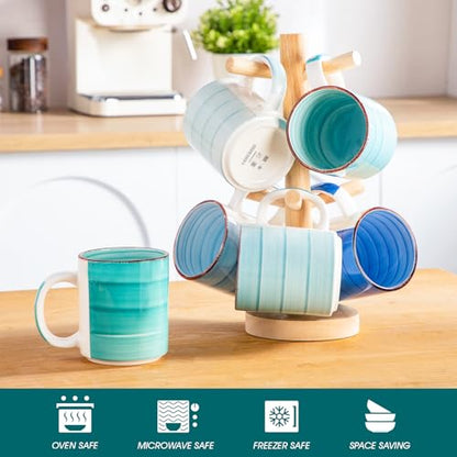 vancasso Bonita Ceramic Coffee Mug Set of 6,16 Oz Coffee Cups with Large Handle for Tea,Latte,Cappuccino,Milk,Cocoa,Dishwasher&Microwave Safe(Blue) - color: Blue