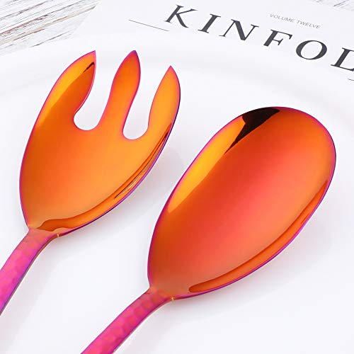 Salad Spoon and Fork Set, 12 Inch Stainless Steel Salad Server, Magic Red Serving Utensils, Pack of 2 - color: Orange Red