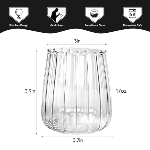 Hand Blown Stemless Wine Glasses Set of 4, 17 oz Borosilicate Glasses with Vertical Ribbed Interior, Lead-Free, Dishwasher Safe, for Red or White Wine and Cocktails