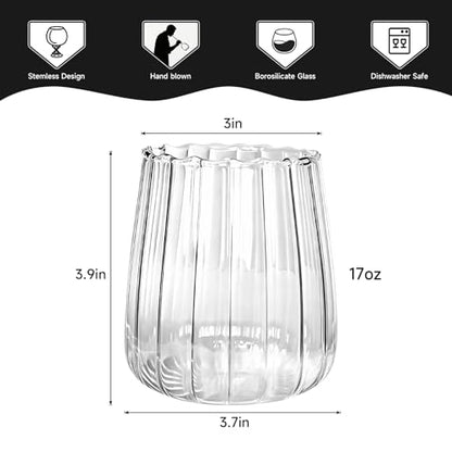 Hand Blown Stemless Wine Glasses Set of 4, 17 oz Borosilicate Glasses with Vertical Ribbed Interior, Lead-Free, Dishwasher Safe, for Red or White Wine and Cocktails