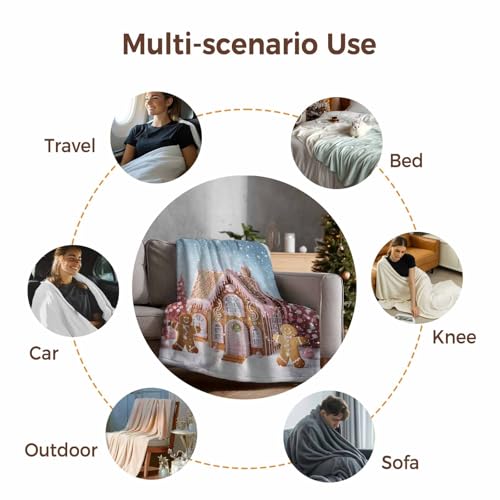 Pink Christmas Throw Blanket, Xmas Tree Gingerbread Man House Super Soft Warm Flannel Blankets for Bed Couch Sofa Fantasy Snow Scene Lightweight Fluffy Plush Bed Throws 40x50 Inch - color: Pink Blue, size: 40''x50''