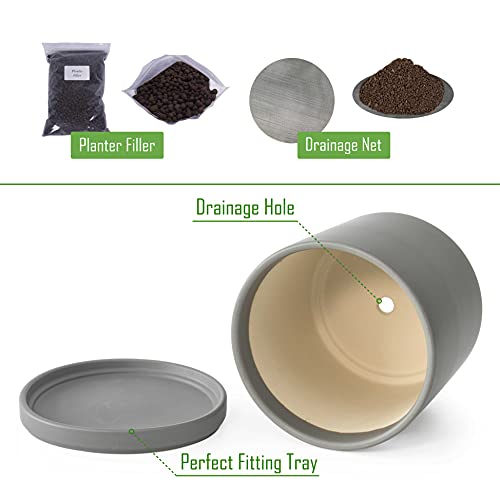 D'vine Dev 10 Inch Ceramic Planter Pot, Grey, 94-O-E-3 | Modern Cylinder Design, Drainage Hole & Saucer Included, Stable Structure, Elegant Home Accent - color: Gray, size: Large