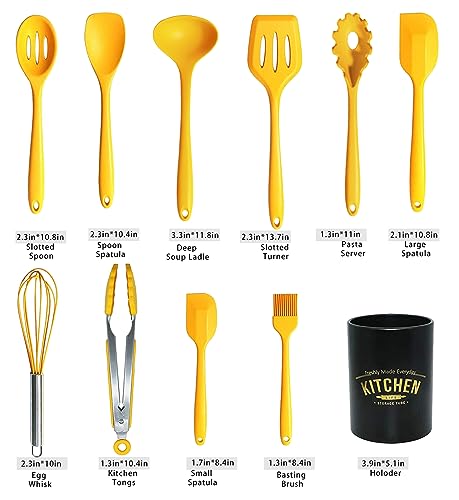 11Pcs Silicone Cooking Utensils Set - Heat Resistant Kitchen Tools, Spatula, Turner, Tongs, Spoon, Whisk, BPA Free, Dishwasher Safe, Nonstick Cookware Utensils (Yellow)