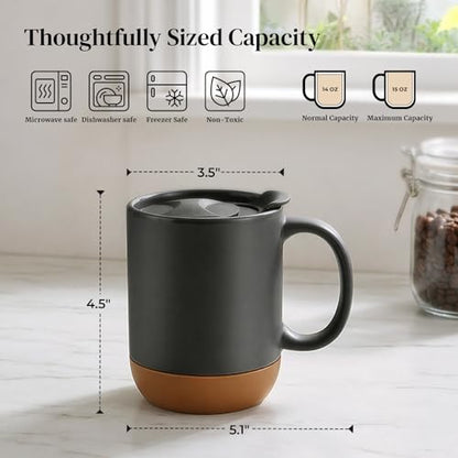 DOWAN Coffee Mugs, 15 oz Upgraded Coffee Mug with Silicone Bottom, Large Ceramic Coffee Mug set of 2 with Spill Proof Lid for Mom Dad, Big Mug for Latte Tea, Matte Grey