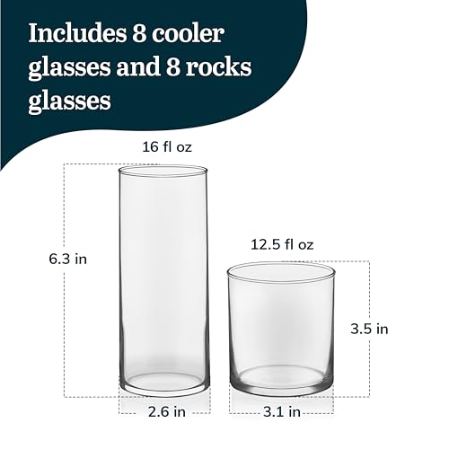 Libbey Miles Tumbler and Rocks Bar Drinkware Glasses Set, Clear All-Purpose 16 Piece Glassware Set, Sleek Glass Drinking Cups for Everyday Use - color: 06 - Miles