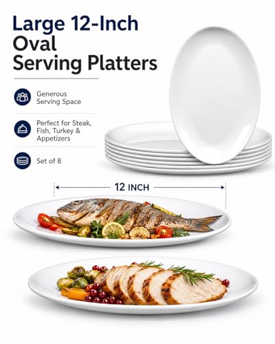 8-Pack Melamine Dinner Plates, 12 Inch Large Oval Serving Platters for Steak, Fish & Turkey, Shatterproof White Plastic Serving Trays for Party, Restaurant, RV Camping & BBQ - Dishwasher Safe