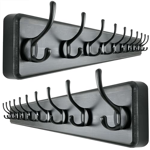 Wall Mounted Coat Rack: 38-1/4" Long, Patented, Heavy-Duty, 10-Double-Hooks Wooden Hanger Rail for Winter Coats, Hats, Jackets, Clothing - Black, Pack of 2 - color: Black, size: L=38.3"(2pcs)