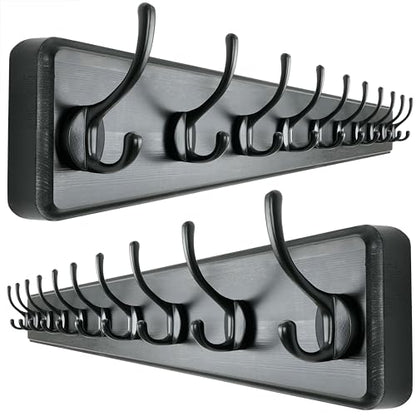 Wall Mounted Coat Rack: 38-1/4" Long, Patented, Heavy-Duty, 10-Double-Hooks Wooden Hanger Rail for Winter Coats, Hats, Jackets, Clothing - Black, Pack of 2 - color: Black, size: L=38.3"(2pcs)
