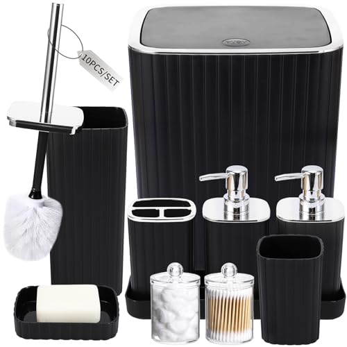 XLHOMO Bathroom Accessories Set - Gorgeous Bathroom Set, 10PC Black Bathroom Accessory Set, Toilet Brush, Trash Can, Qtip Holder & Soap Dispenser - size: Bath Set, style: Black&Silver