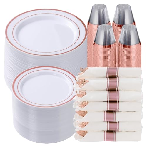 700 Piece Rose Gold Plastic Dinnerware Set for 100 Guests | Disposable Dinnerware Includes: 100 Dinner Plates, 100 Dessert Plates, 100 Pre Rolled Napkins with Silverware, 100 Cups - color: Rose Gold, style: 700 Piece (100 guests)
