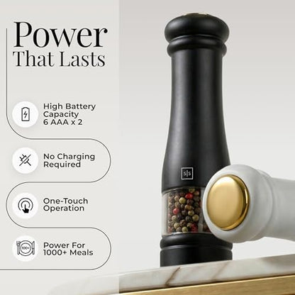 Styled Settings Electric Salt and Pepper Grinder Set, Black & white | Automatic Stainless Steel Battery Operated Salt and Pepper Mill, LED Light, Adjustable Coarseness, Wood Base - color: Black/White