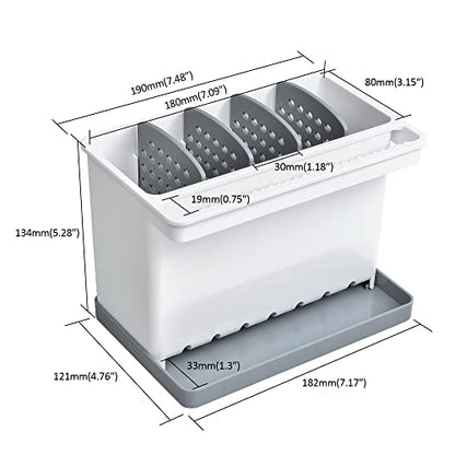 JOMOLA Kitchen Sink Organizer Dish Brush Sponge Holder Caddy Toothbrush Holders for Bathrooms Sinkware Kitchen Utensil Holder Sink Caddy Organizer with 4 Separate Dividers Removable Drain Tray (Grey) - color: Gray