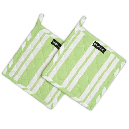 Encasa XO Pot Holders, Quilted Kitchen Hot Pads 8"x8" Franca Lime Stripes | 100% Eco-Friendly Cotton | Thick Cotton Padding Insulation | Convenient Hanging Loop | Set of 2 - color: Franca Lime Stripes