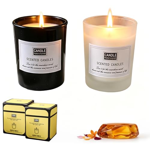 LAMKHOO Handmade Soy Wax Candle Set — Frosted Glass Jar, Smokeless Amber Woods Scent, 2-Pack Black & White, 4.5 Oz